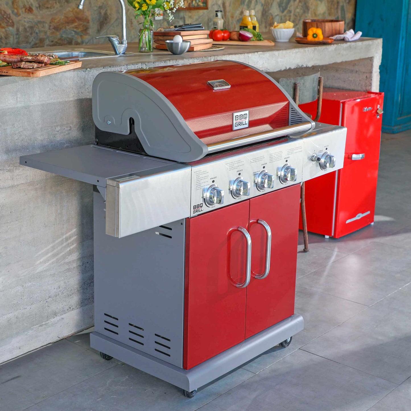 Parrilla Texas 4 Quemadores + Quemador Lateral BBQ401GCIR1#Rojo