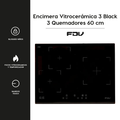 Encimera Vitrocerámica 3 Black 3 Quemadores 60 cm FDV