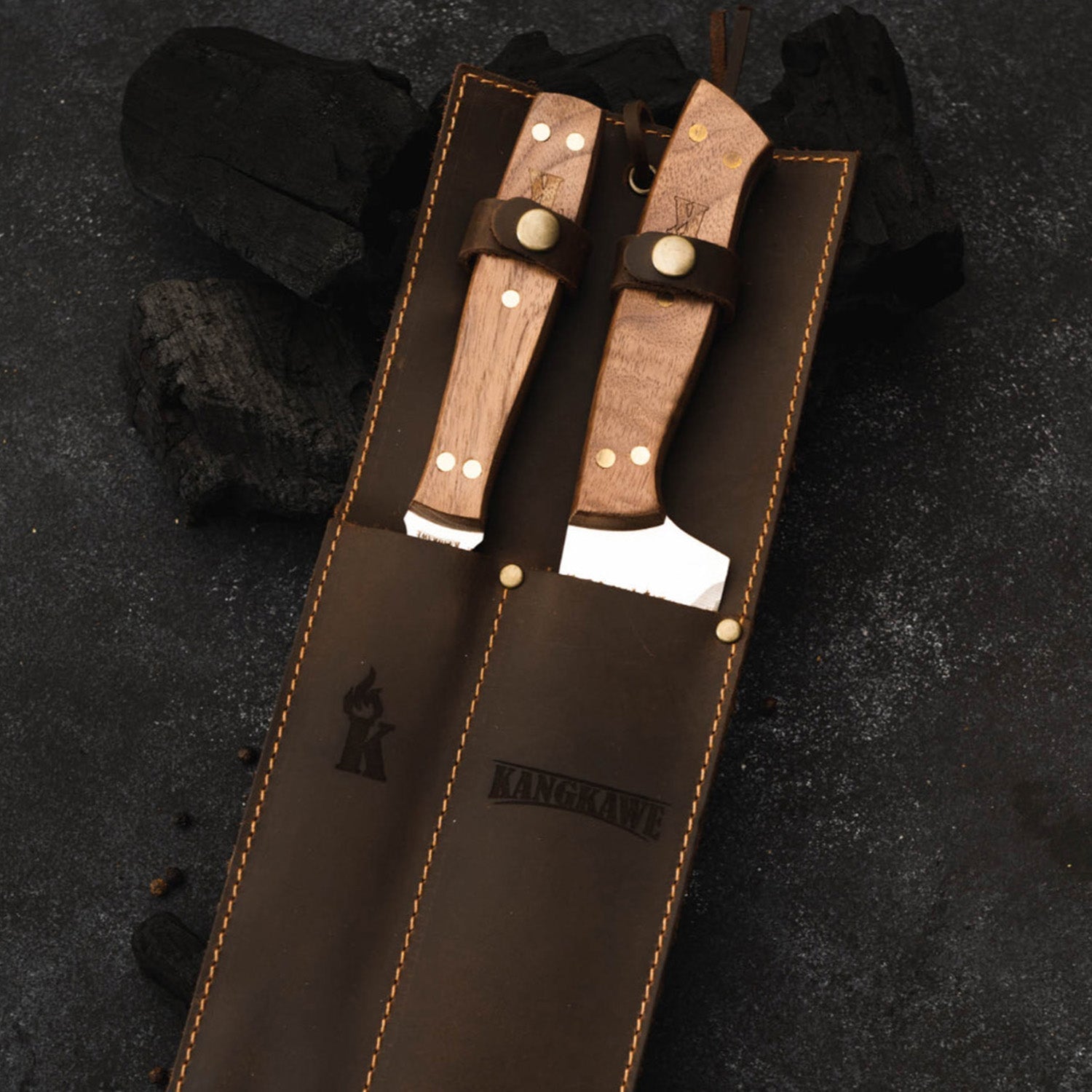 Set Tenedor + Cuchillo Parrillero F/Cuero Brown3#Acero