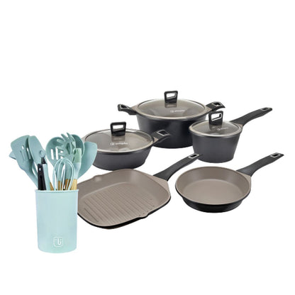 Kit Batería Cocina 8 Pza + Set 12 Utensilios Simplit1#Negro|Azul