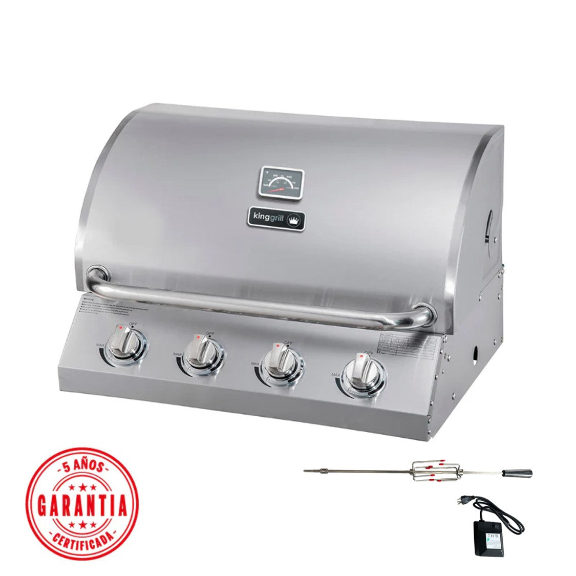 Parrilla a Gas Empotrada de 4 Quemadores + Spiedo con Motor Kinggrill3#Plata