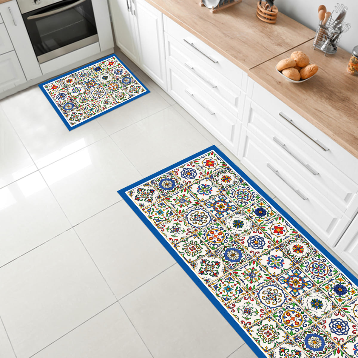 Set 2 Alfombras De Cocina Baldosa Española Davanti1#Azul