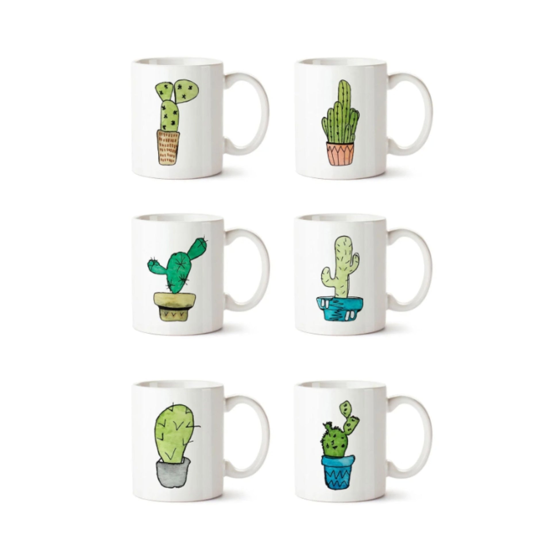 Set 6 Tazones Mugs Cerámica Cactus2#Blanco