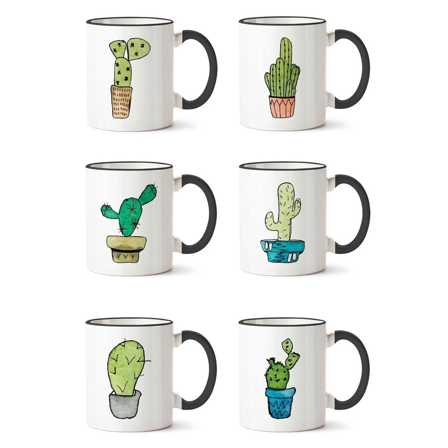 Set 6 Tazones Mugs Cerámica Cactus1#Negro