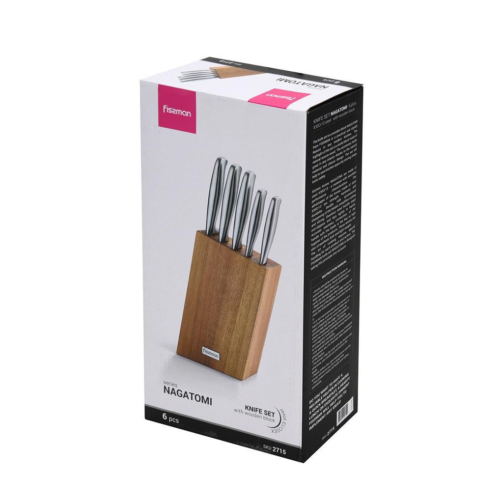 Set De 5 Cuchillos Nagatomi + Base De Madera Fissman9#Acero