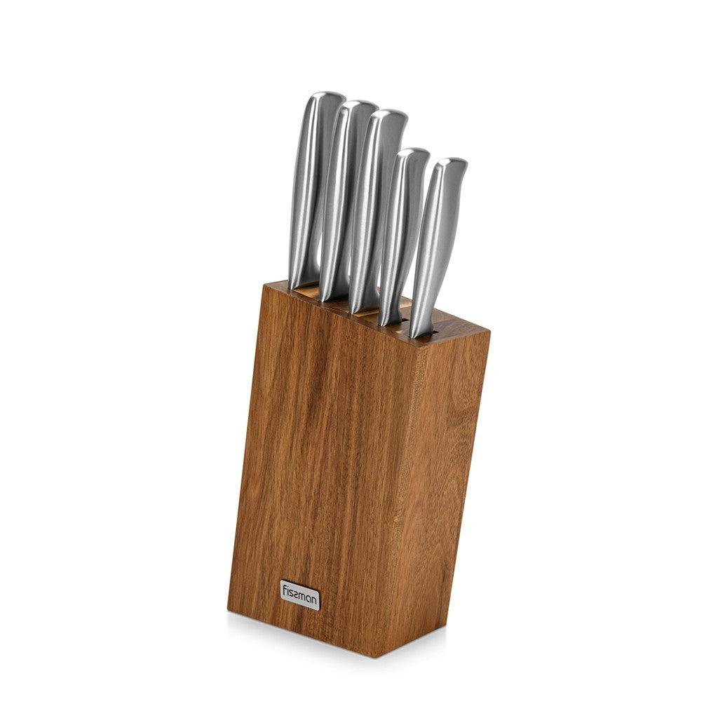 Set De 5 Cuchillos Nagatomi + Base De Madera Fissman1#Acero