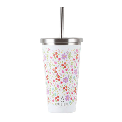 Vaso Térmico Floral 570 Ml + Bombilla Retráctil2#Blanco