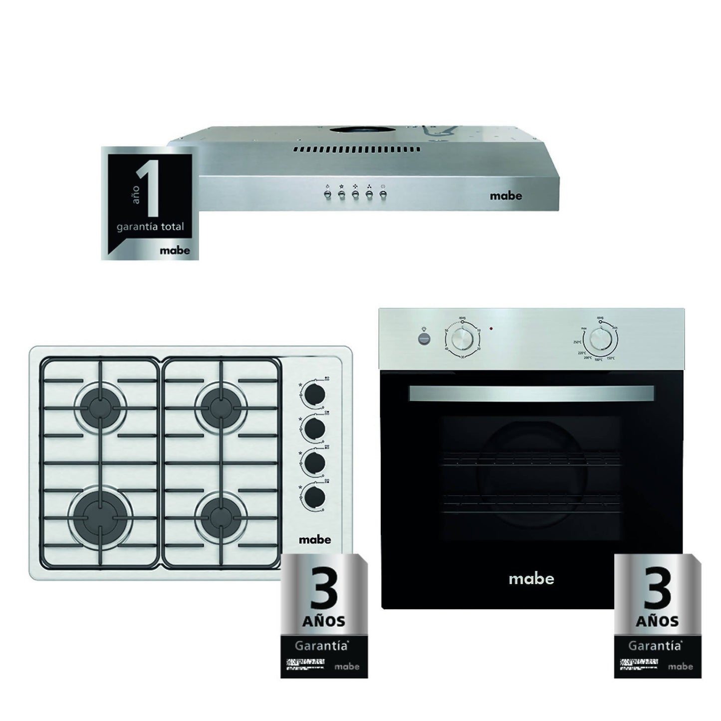 Kit Empotrable Horno + Encimera + Campana Mabe2#Acero|Negro