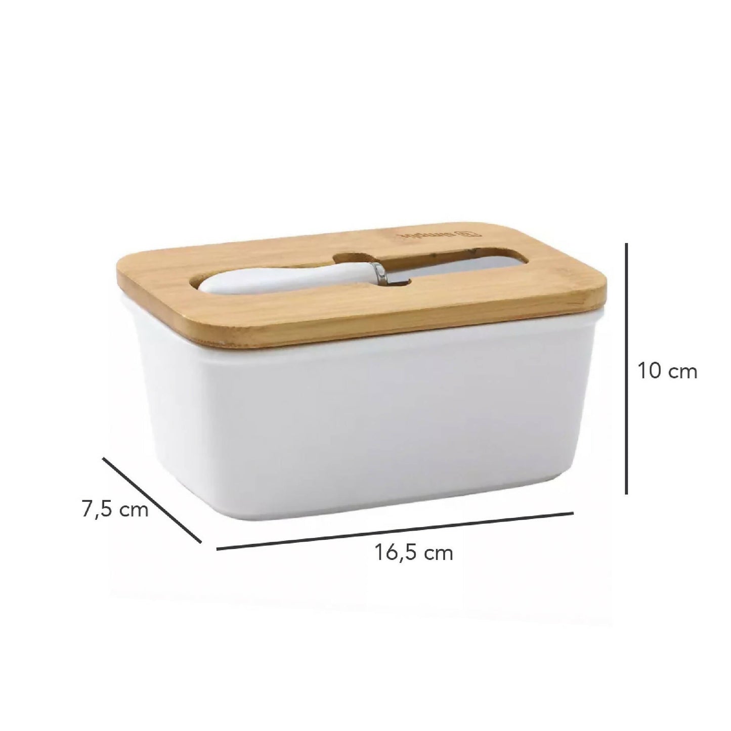 Mantequillero Cerámica Tapa Bamboo + Cuchillo 600 ml3#Blanco